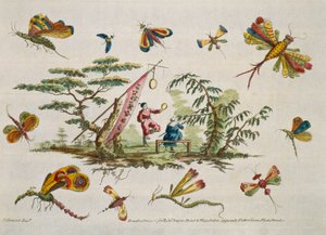 Illustration Showing Butterflies and Two Central Figures Wearing Japanese Apparel from 